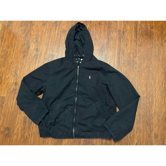 Polo Ralph Lauren Black L Hooded Talon Zipper Jacket VTG - Picture 1 of 6